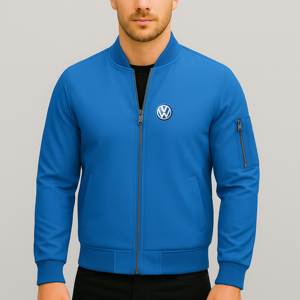 Men’s VW Volkswagen Car Lightweight Zip-Up Bomber Jacket with Ribbed Collar and Cuffs - Versatile Casual Outerwear